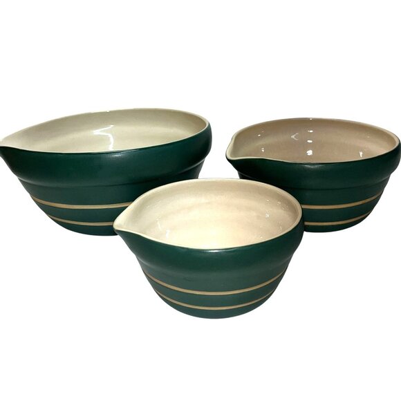 Vintage New Debco Teal Green & Cream Ceramic Mixing Bowl Set Of 3 Collectable - Picture 3 of 8